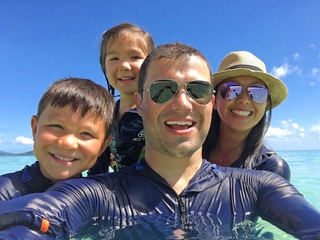 Whitehaven Beach family fun. Selfie in the sun, but never a thought for kids sunnies.